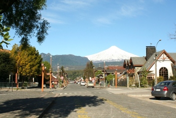 View towards Villarrica volcano from main street, two blocks away from Lingua Plus